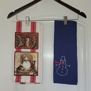 2 NWOT Christmas Tea Towels 1 from Crate & Barrel, 1 no tag. Gingham & Santa …